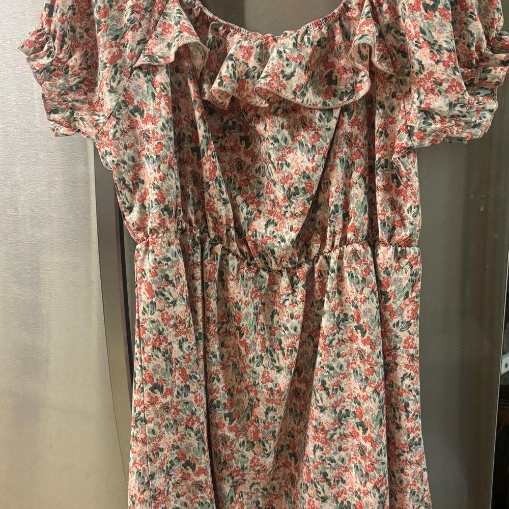 SHEIN Floral Ruffle Midi Dress -Peach,pink and Green